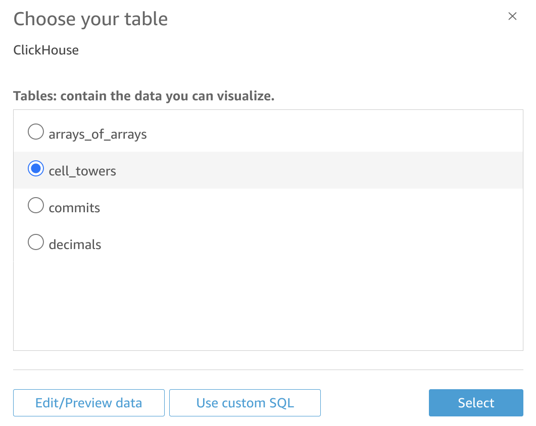 Selecting a table from the list